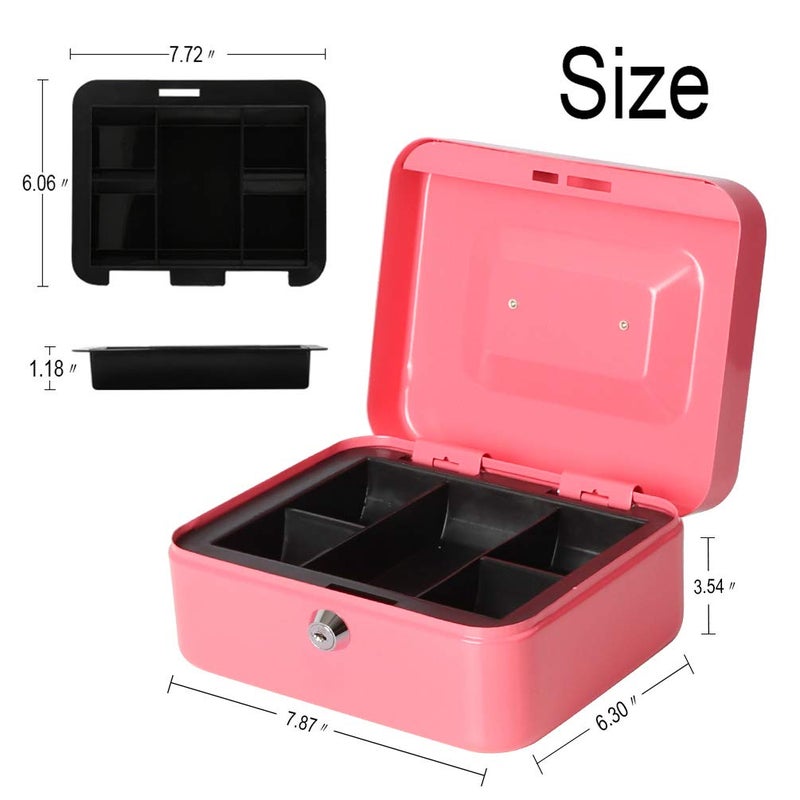 Decaller Cash Box with Money Tray, Metal Locking Money Box with Key Lock for Security, 7 4/5" x 6 1/3" x 3 1/2", Pink - Image 2